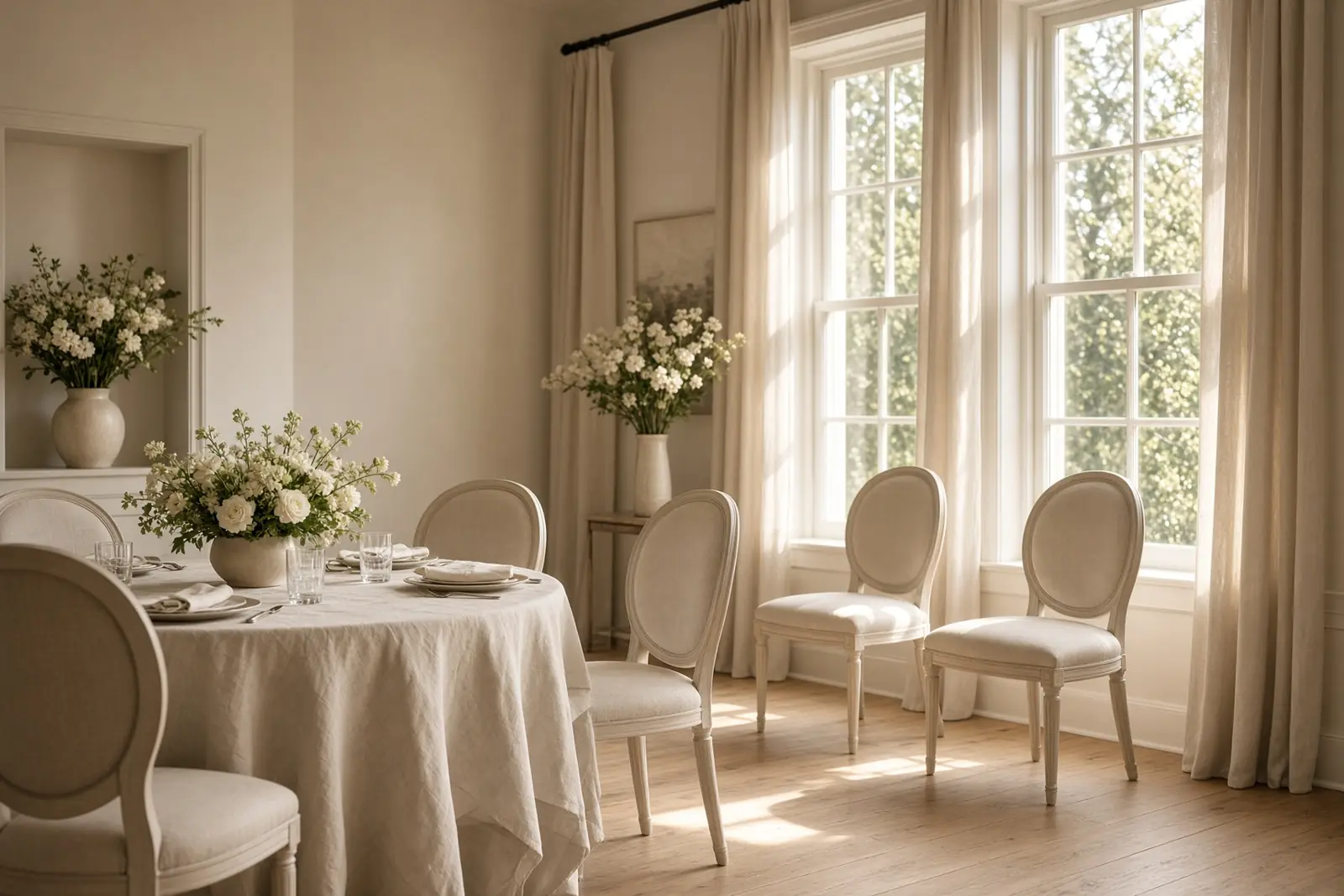 A sunlit room with linen chairs and cream flowers, set for a private gathering