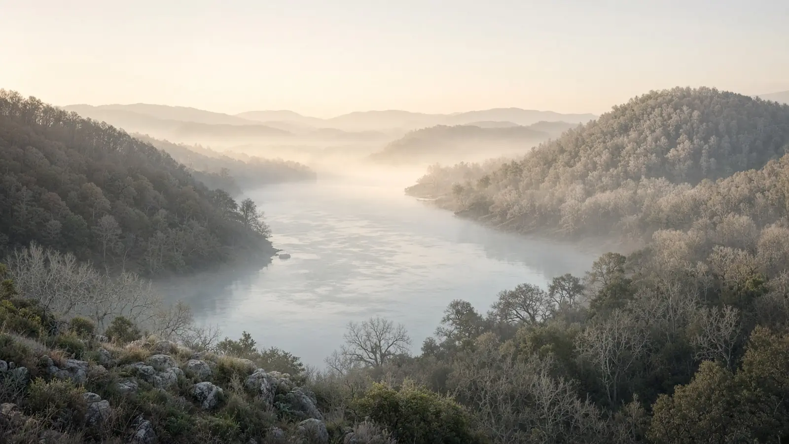 Soft morning light over the Hudson River and valley hills