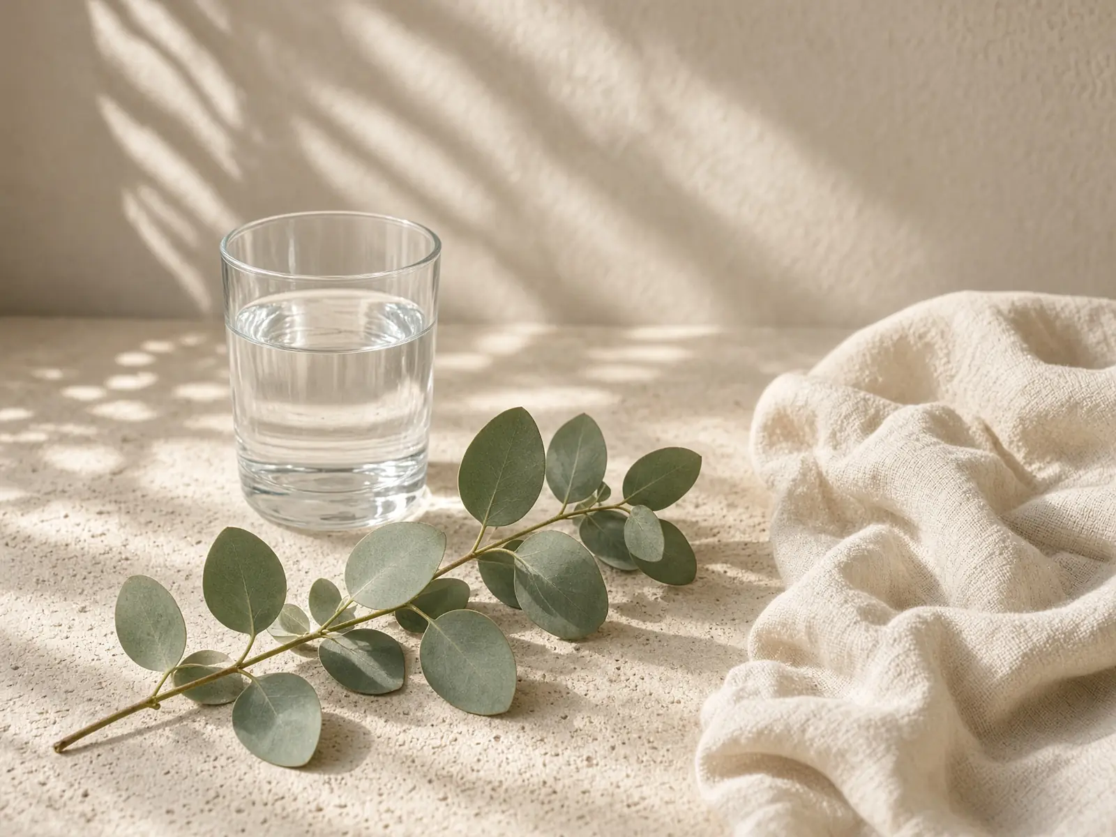 A glass of water and eucalyptus on sunlit stone